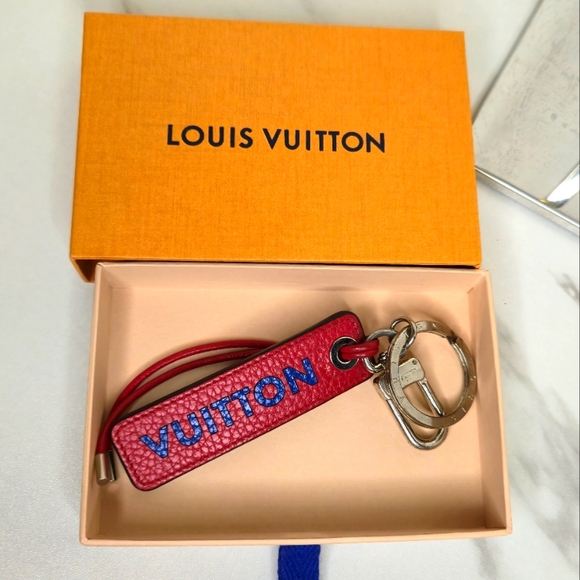 Louis Vuitton Taurillon Logo Tab Bag Charm Key Chain Leather Red Blue with Box - Picture 10 of 10